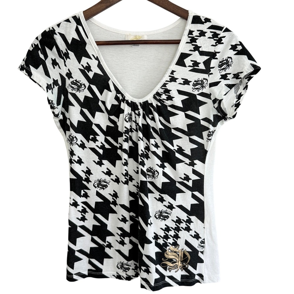 South Pole Y2K T-shirt Black‎ White Houndstooth Cap Sleeve Gathered SIze Large